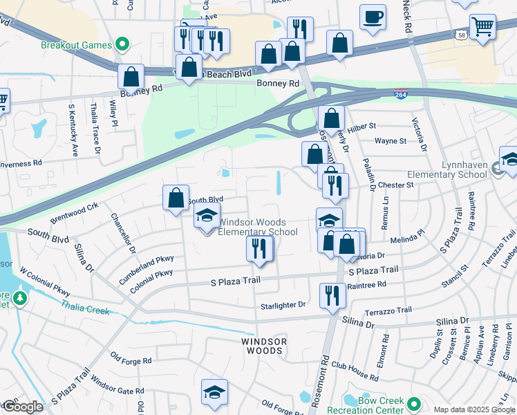 map of restaurants, bars, coffee shops, grocery stores, and more near 3741 North Donnawood Court in Virginia Beach