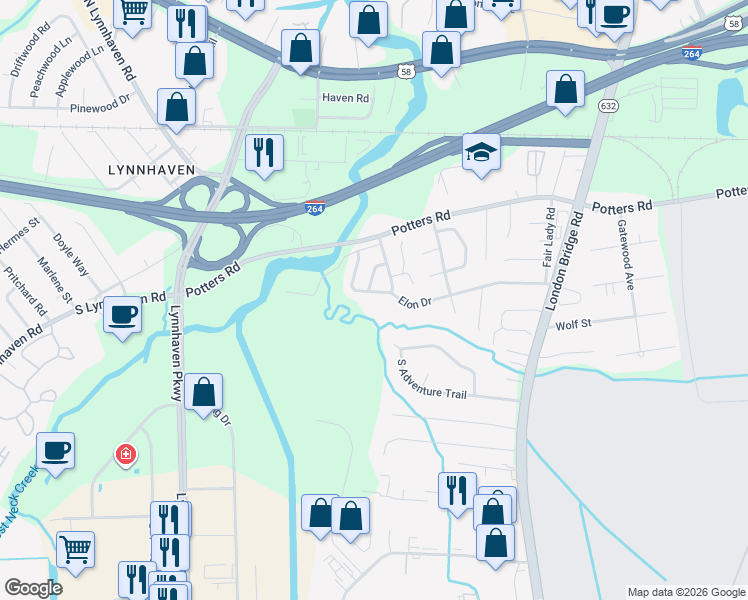map of restaurants, bars, coffee shops, grocery stores, and more near 2561 Elon Drive in Virginia Beach