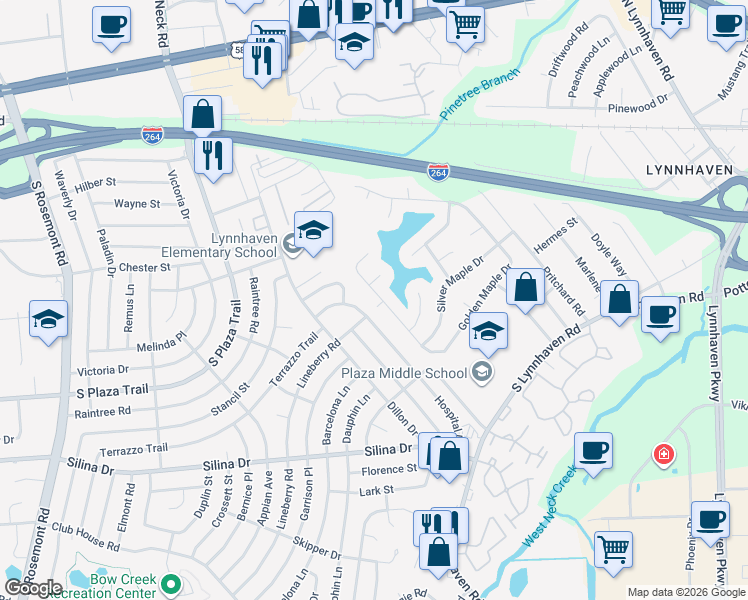 map of restaurants, bars, coffee shops, grocery stores, and more near 340 Golden Maple Drive in Virginia Beach
