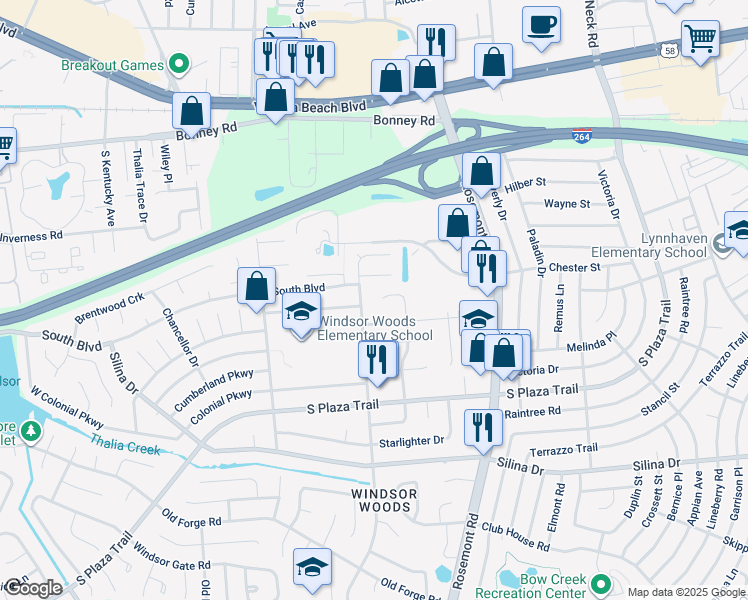 map of restaurants, bars, coffee shops, grocery stores, and more near 3741 North Donnawood Court in Virginia Beach