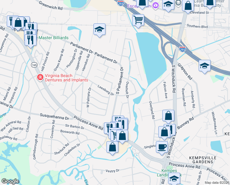 map of restaurants, bars, coffee shops, grocery stores, and more near 305 East Palmyra Drive in Virginia Beach