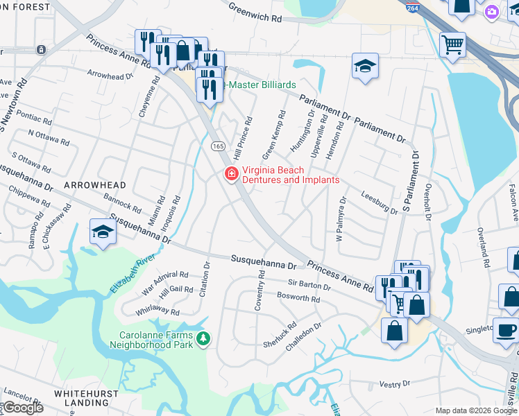 map of restaurants, bars, coffee shops, grocery stores, and more near 5412 Princess Anne Road in Virginia Beach