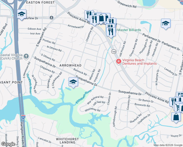map of restaurants, bars, coffee shops, grocery stores, and more near 5601 Bannock Road in Virginia Beach