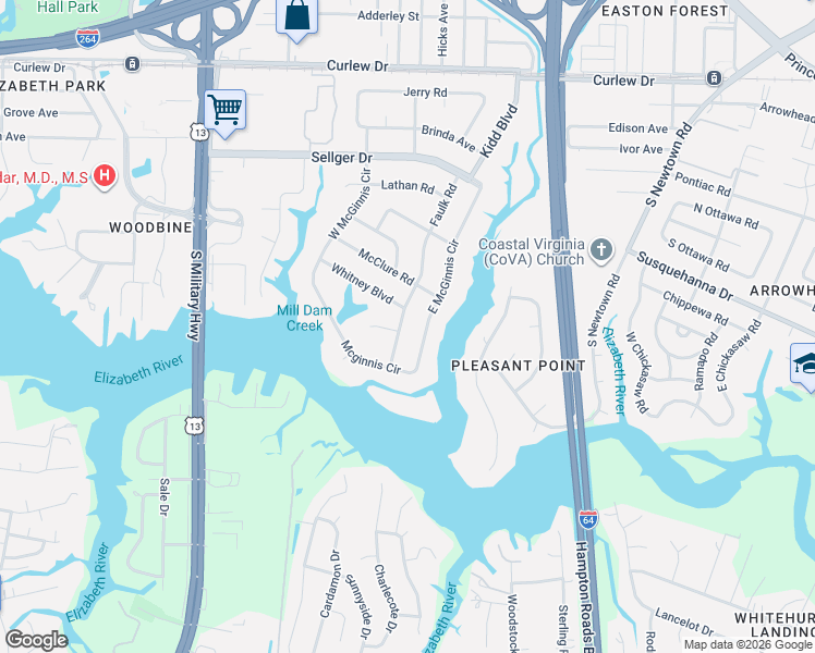 map of restaurants, bars, coffee shops, grocery stores, and more near 339 Faulk Road in Norfolk