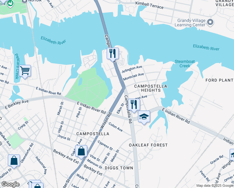 map of restaurants, bars, coffee shops, grocery stores, and more near 902 Wilson Road in Norfolk