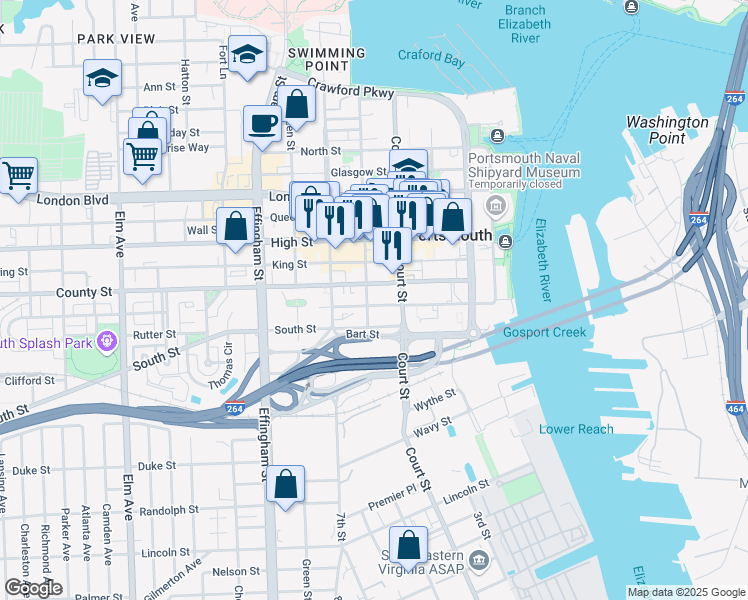 map of restaurants, bars, coffee shops, grocery stores, and more near 434 South Street in Portsmouth