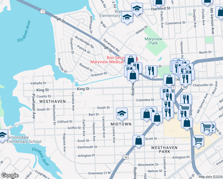 map of restaurants, bars, coffee shops, grocery stores, and more near 3819 County Street in Portsmouth