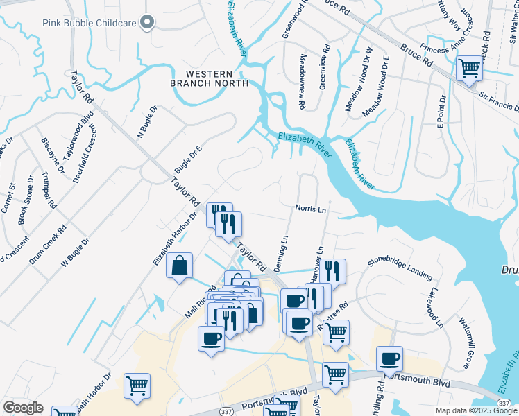 map of restaurants, bars, coffee shops, grocery stores, and more near 4364 Shorewood Drive in Chesapeake
