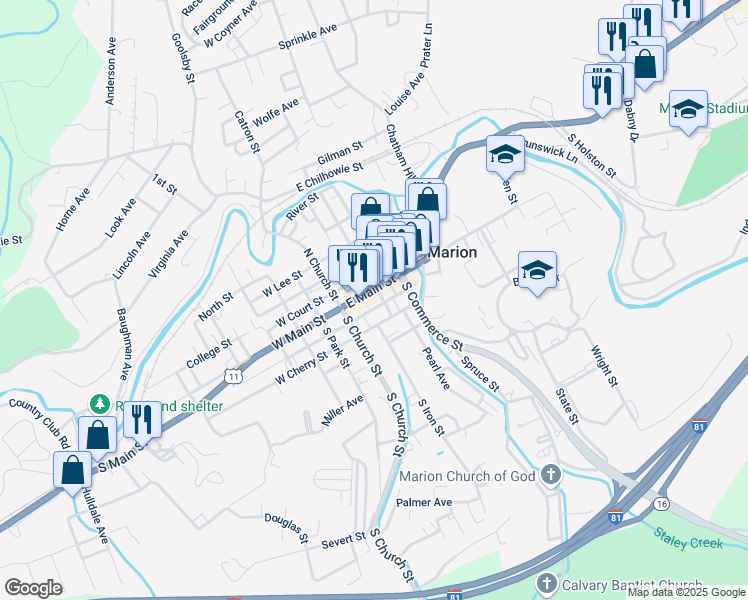 map of restaurants, bars, coffee shops, grocery stores, and more near 200 Pearl Avenue in Marion