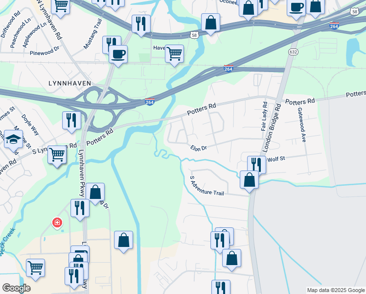 map of restaurants, bars, coffee shops, grocery stores, and more near 2561 Elon Drive in Virginia Beach