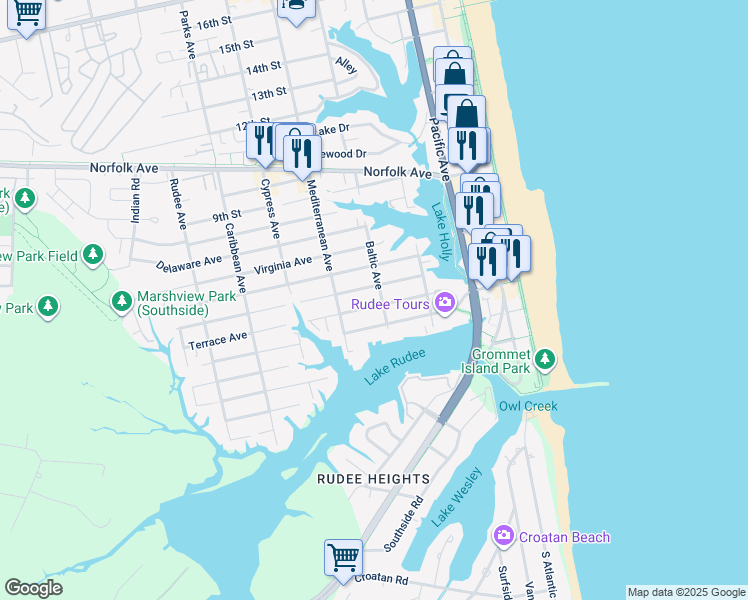 map of restaurants, bars, coffee shops, grocery stores, and more near 505 Terrace Avenue in Virginia Beach