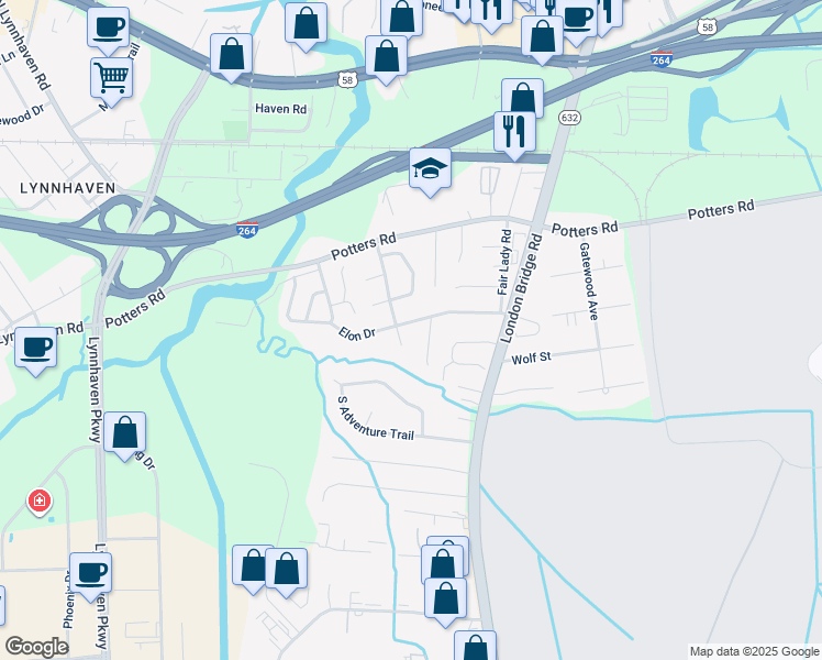 map of restaurants, bars, coffee shops, grocery stores, and more near 2477 Elon Drive in Virginia Beach
