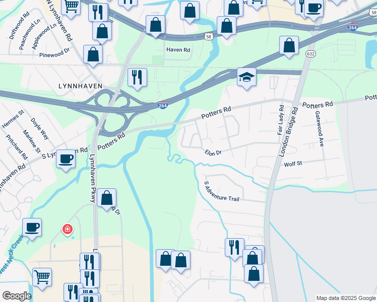 map of restaurants, bars, coffee shops, grocery stores, and more near 2565 Elon Drive in Virginia Beach