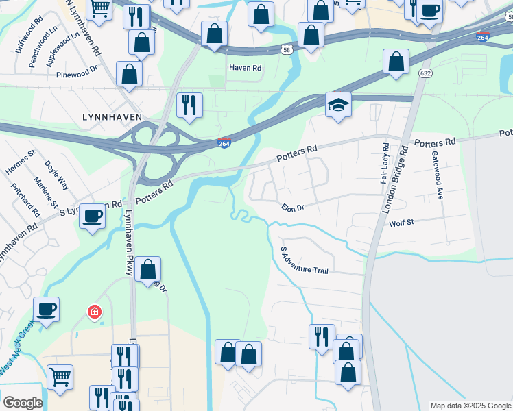 map of restaurants, bars, coffee shops, grocery stores, and more near 2561 Elon Drive in Virginia Beach