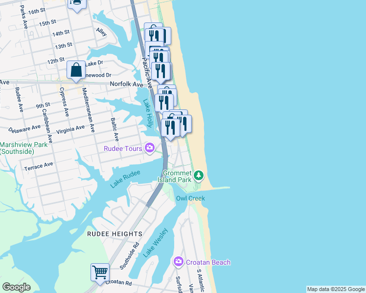 map of restaurants, bars, coffee shops, grocery stores, and more near 401 Atlantic Avenue in Virginia Beach
