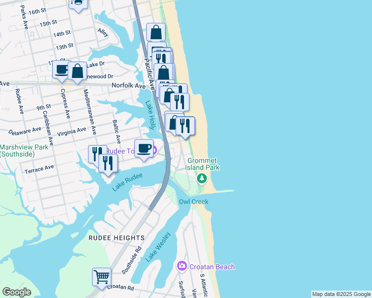 map of restaurants, bars, coffee shops, grocery stores, and more near 401 Atlantic Avenue in Virginia Beach