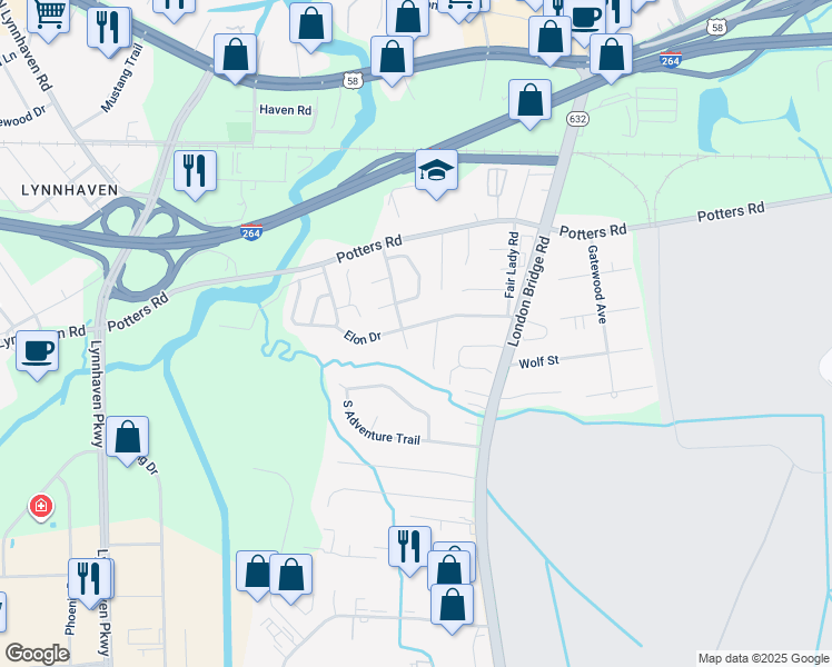 map of restaurants, bars, coffee shops, grocery stores, and more near 2477 Elon Drive in Virginia Beach