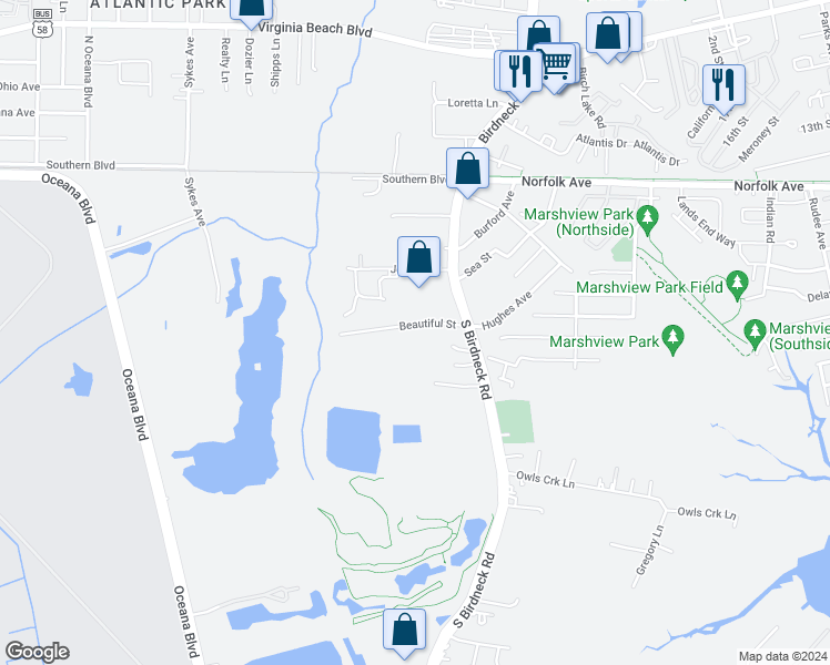 map of restaurants, bars, coffee shops, grocery stores, and more near 1131 Beautiful Street in Virginia Beach