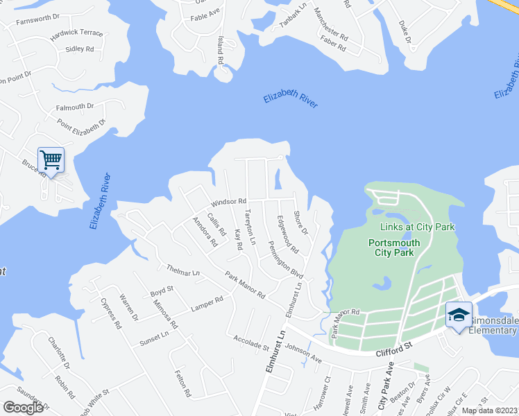 map of restaurants, bars, coffee shops, grocery stores, and more near 323 Pennington Boulevard in Portsmouth