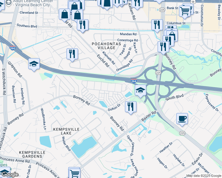 map of restaurants, bars, coffee shops, grocery stores, and more near 4884 Travertine Avenue in Virginia Beach