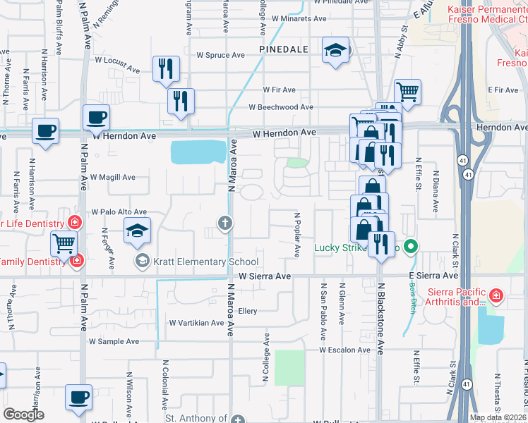 map of restaurants, bars, coffee shops, grocery stores, and more near 6569 North College Avenue in Fresno