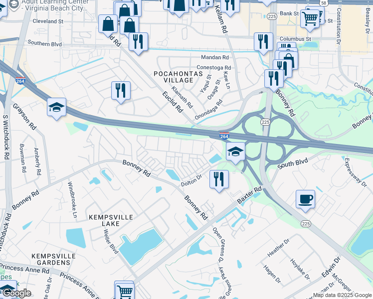 map of restaurants, bars, coffee shops, grocery stores, and more near 4884 Travertine Avenue in Virginia Beach