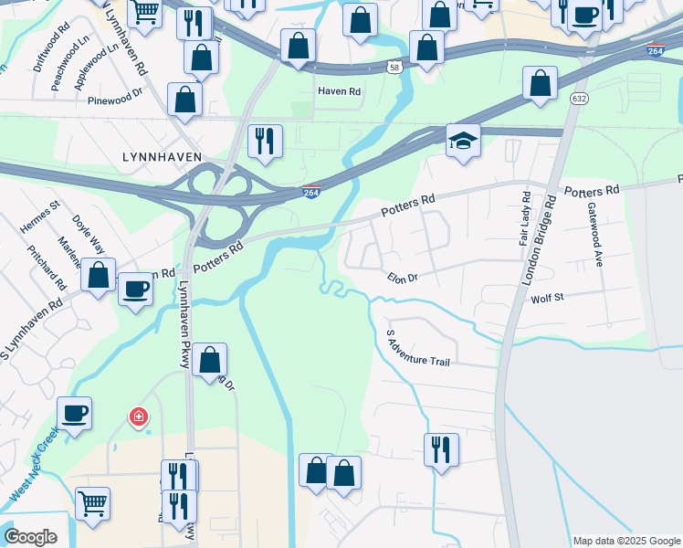 map of restaurants, bars, coffee shops, grocery stores, and more near 2593 Elon Drive in Virginia Beach
