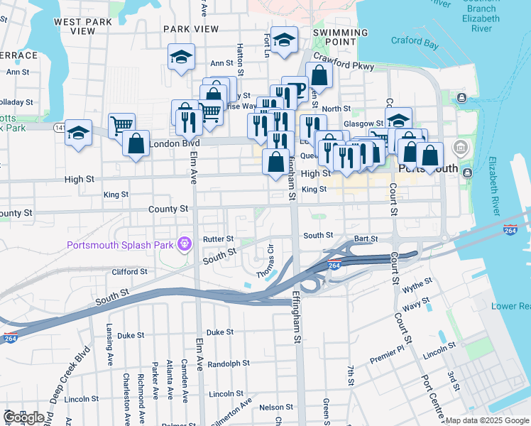 map of restaurants, bars, coffee shops, grocery stores, and more near 705 Graystone Way in Portsmouth