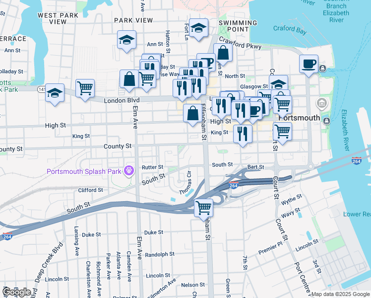 map of restaurants, bars, coffee shops, grocery stores, and more near 705 Graystone Way in Portsmouth