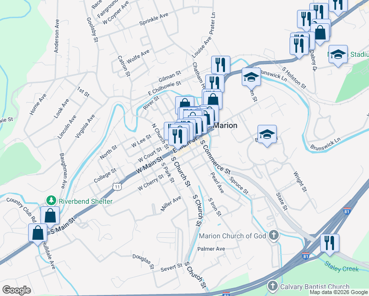map of restaurants, bars, coffee shops, grocery stores, and more near 121 East North Street in Marion