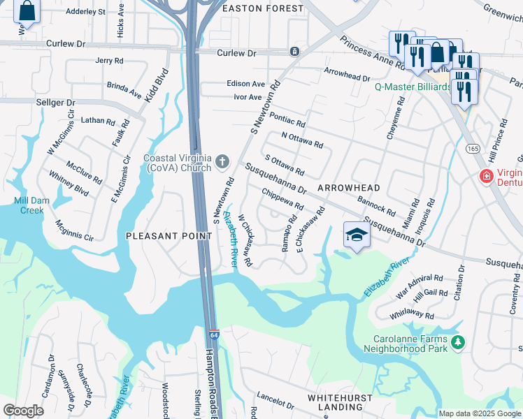 map of restaurants, bars, coffee shops, grocery stores, and more near 5813 Chippewa Road in Virginia Beach