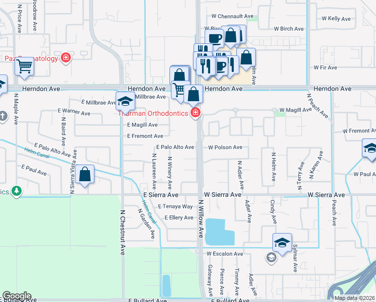map of restaurants, bars, coffee shops, grocery stores, and more near 6721 North Willow Avenue in Fresno