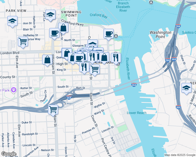 map of restaurants, bars, coffee shops, grocery stores, and more near 200 County Street in Portsmouth