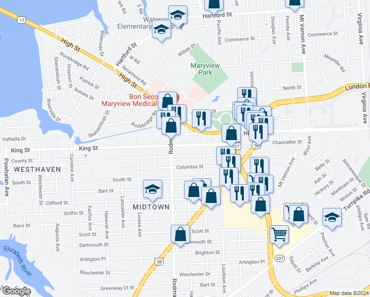 map of restaurants, bars, coffee shops, grocery stores, and more near 3601 King Street in Portsmouth