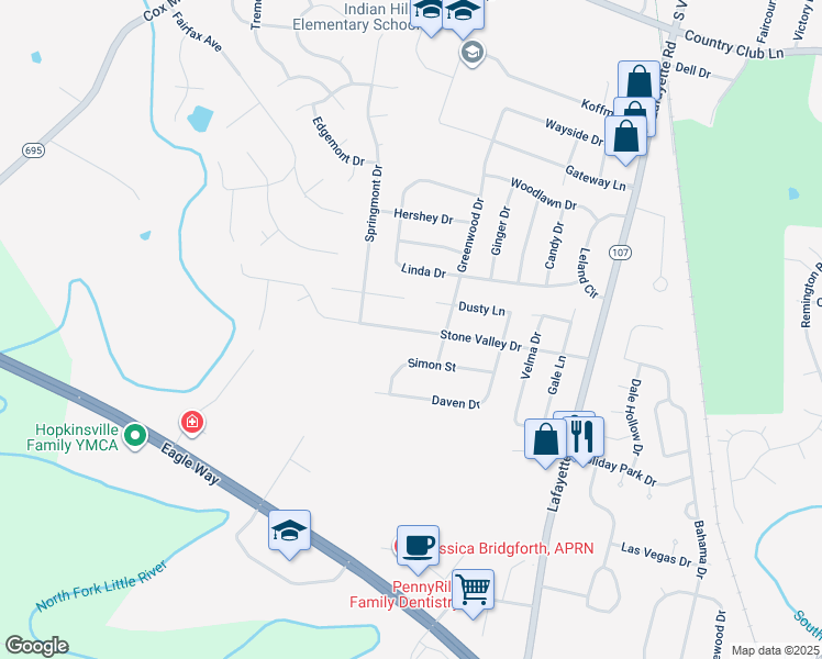 map of restaurants, bars, coffee shops, grocery stores, and more near 3626 Stone Valley Drive in Hopkinsville
