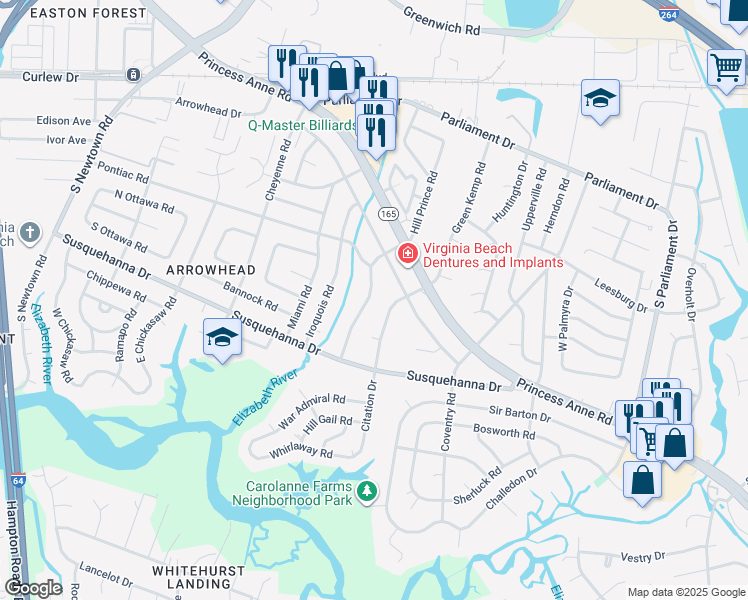 map of restaurants, bars, coffee shops, grocery stores, and more near 235 Hill Prince Road in Virginia Beach