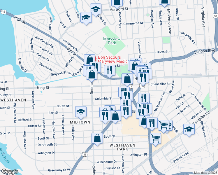 map of restaurants, bars, coffee shops, grocery stores, and more near 3511 Western Branch Boulevard in Portsmouth