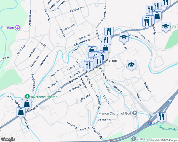 map of restaurants, bars, coffee shops, grocery stores, and more near 117 East Main Street in Marion