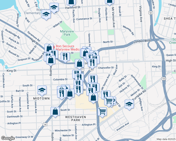 map of restaurants, bars, coffee shops, grocery stores, and more near 606 Airline Boulevard in Portsmouth