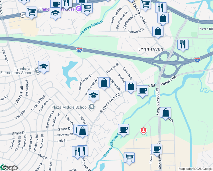 map of restaurants, bars, coffee shops, grocery stores, and more near 3000 Scarlet Oak Court in Virginia Beach