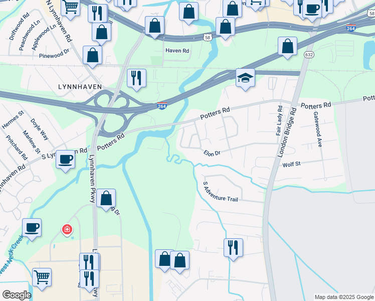 map of restaurants, bars, coffee shops, grocery stores, and more near 2565 Elon Drive in Virginia Beach