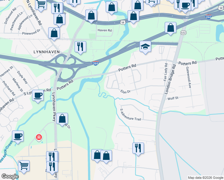 map of restaurants, bars, coffee shops, grocery stores, and more near 2561 Elon Drive in Virginia Beach