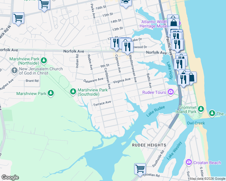 map of restaurants, bars, coffee shops, grocery stores, and more near 704 Virginia Avenue in Virginia Beach