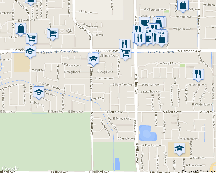 map of restaurants, bars, coffee shops, grocery stores, and more near 3165 East Fremont Avenue in Fresno