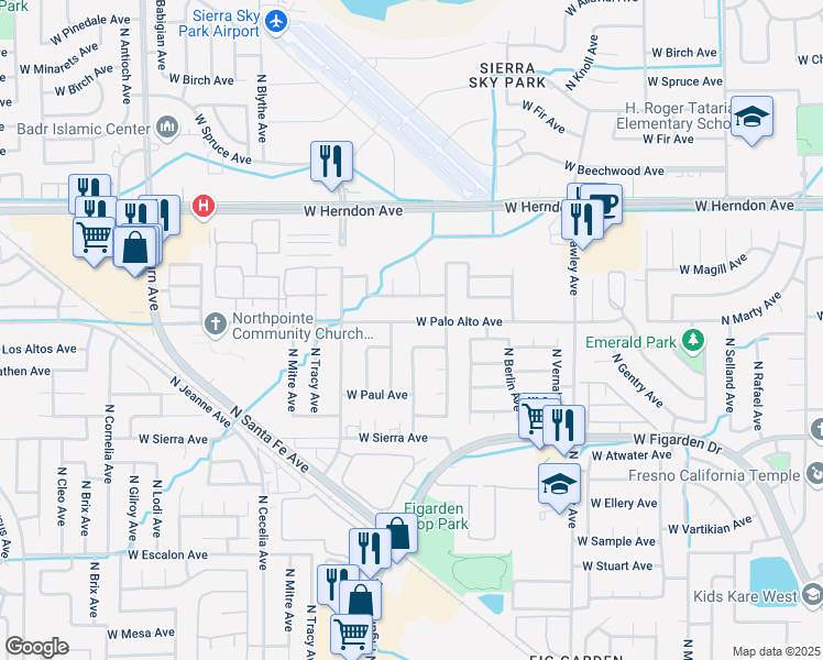 map of restaurants, bars, coffee shops, grocery stores, and more near 4313 West Fremont Avenue in Fresno