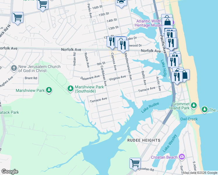 map of restaurants, bars, coffee shops, grocery stores, and more near 704 Virginia Avenue in Virginia Beach
