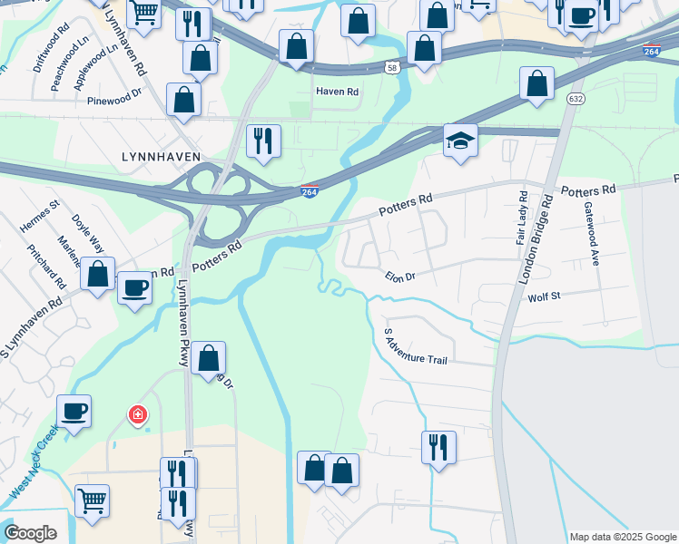 map of restaurants, bars, coffee shops, grocery stores, and more near 2593 Elon Drive in Virginia Beach