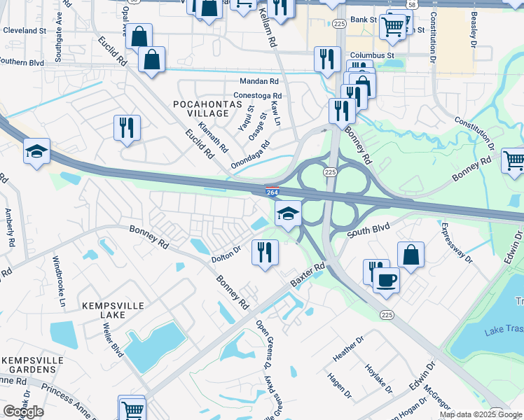 map of restaurants, bars, coffee shops, grocery stores, and more near 508 Griffin Lane in Virginia Beach