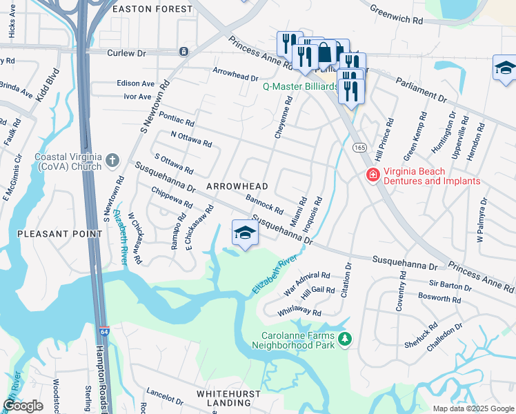 map of restaurants, bars, coffee shops, grocery stores, and more near 236 Cheyenne Road in Virginia Beach
