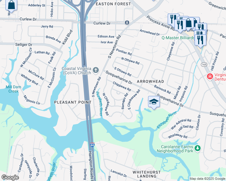 map of restaurants, bars, coffee shops, grocery stores, and more near 5813 Chippewa Road in Virginia Beach